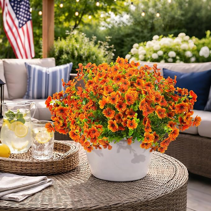 Grunyia 20 Bundles Artificial Flowers for Outdoors, UV Resistant Fake Plants Flowers Greenery Shrubs Plants for Decoration Outside Plants Hanging Planter Home Garden Decor (Orange)