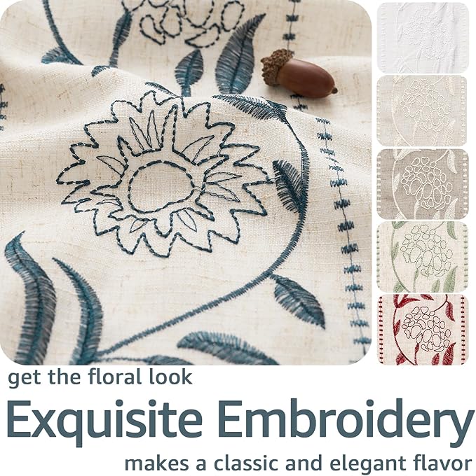 jinchan Winslow Linen Curtains for Bedroom 63 Inches Length Embroidered Bordered Floral Curtains for Living Room Farmhouse Decor Light Filtering Window Treatments Blue on Beige Drapes 2 Panels