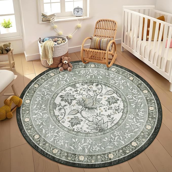 GarveeHome Provence Fog Gray Botanical Grove 5ft Round Rug, Small Circle Vintage Cottagecore Soft Low-Pile Non-Slip Washable Rugs for Living Room Bedroom Nursery Kitchen Retro Carpet