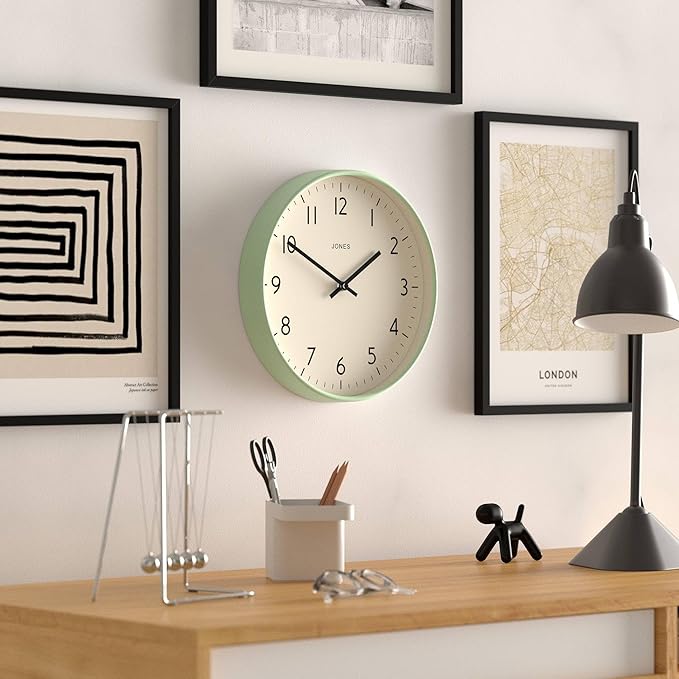 JONES CLOCKS® Studio wall Clock | Modern Round Style | 12 inch | Neo Mint Green | Easy to Read Numbers | Versatile Design for Kitchen, Living Room or Office