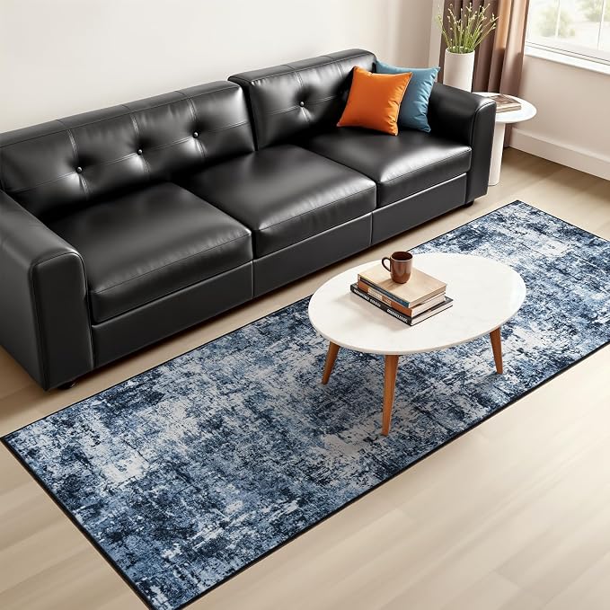 Rugflix 2x5 Runner Rug for Entryway, Kitchen Rugs Soft Non-Slip Washable Runners for Hallway, Abstract Small Carpet with Non-Slip Backing for Bedroom, Living Room, Navy Blue/Black