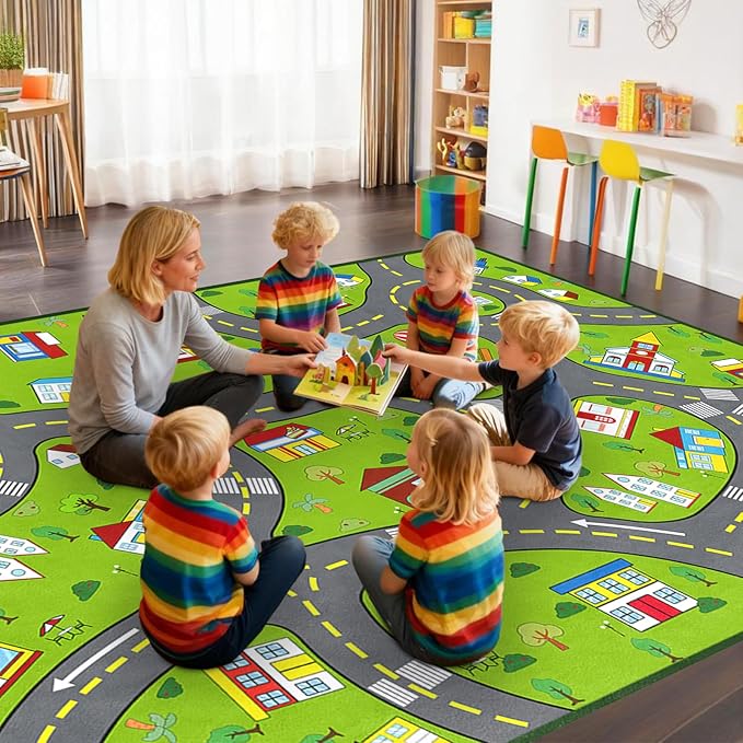 Car Rug Play Mat 9x12 Feet, Kids Rugs for Bedroom Educational Green Traffic Road Carpet for Kids Decorate Nursery Toddler Classroom Preschool Living Room Playroom