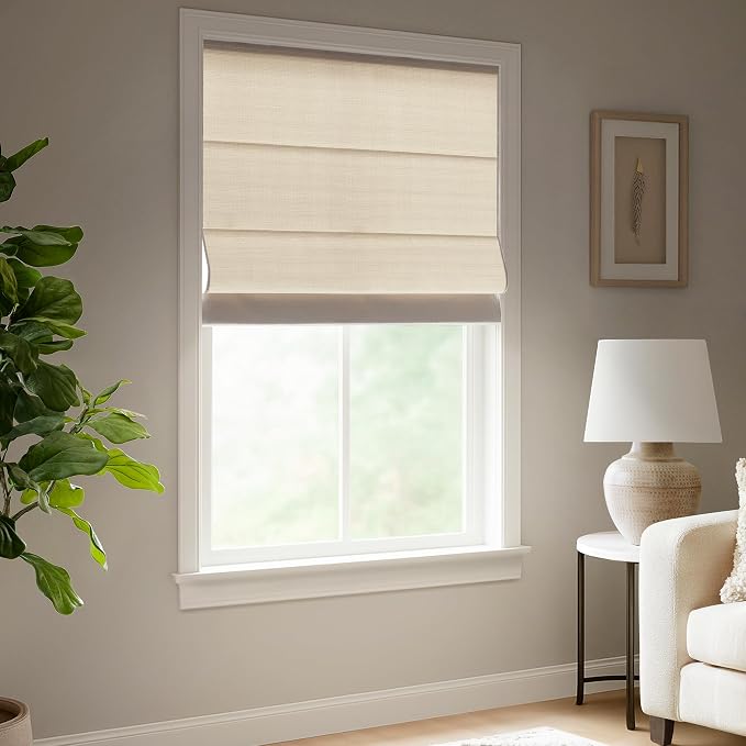 Madison Park Galen Matte Linen Cordless Roman Shades - Fabric Privacy Single Panel Darkening, Energy Efficient, Thermal Insulated Window Blind Treatment, for Home, Living Room Decor, 27" W x 64" H