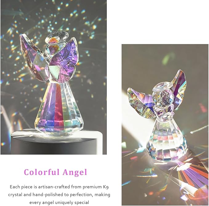 HDCRYSTALGIFTS Colorful Crystal Guardian Angel Figurine Gifts for Women 3.4'' Glass Angel Statues for Valentine's Day Wedding Home Table Decoration Collectible