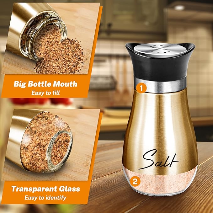 Copper Salt and Pepper Shakers Set with Holder,4 oz Modern Farmhouse Kitchen Decor and Accessories for Restaurant, Wedding, Housewarming Gifts Refillable Design (Copper)