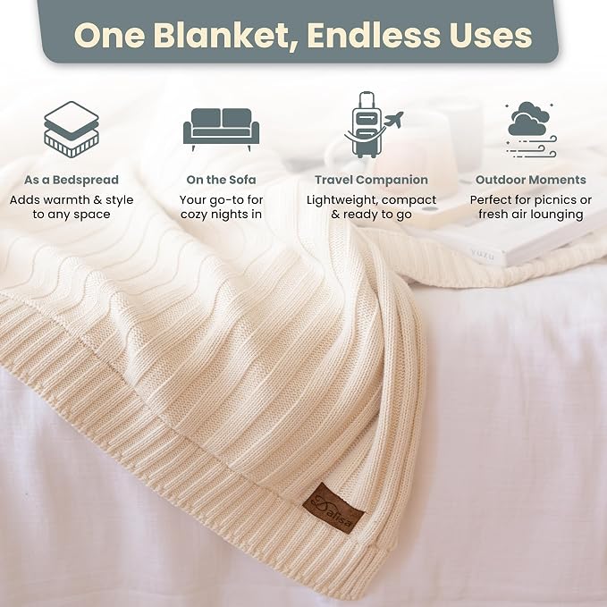 100% Organic Cotton Knit Blanket Denise -Soft and Lightweight, Breathable All-Season Throw for Bed, Sofa, or Lounge Area -GOTS Certified-Perfect for Home and Bedroom Styling (Earth Ivory, 50x60)