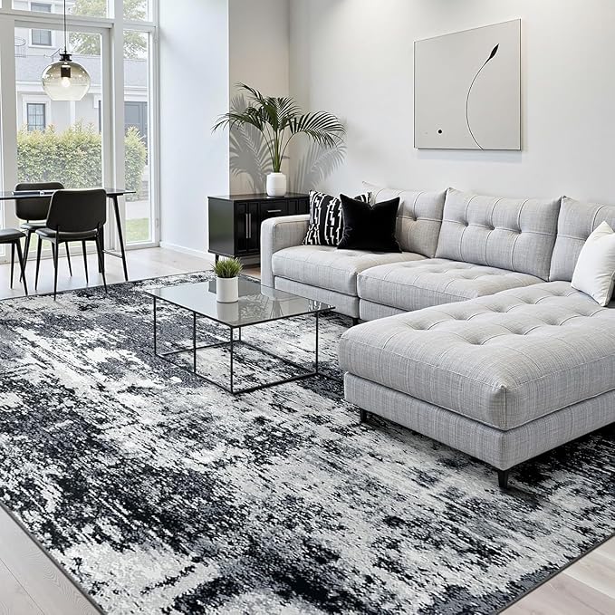RELEANY Washable Area Rugs 7x10 Non-Slip Modern Abstract Soft for Living Room Entryway Bedroom Nursery, Print Pattern, Black Navy Blue Gray