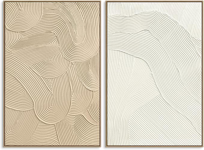 SAFERRYHOME Neutral Abstract Hand Painted Wall Art, Textured, 24"x36"x2 | Large 3D Framed White and Brown Wall Decor, Modern Painting Minimalist Geometric Texture Artwork for Home Office Living Room