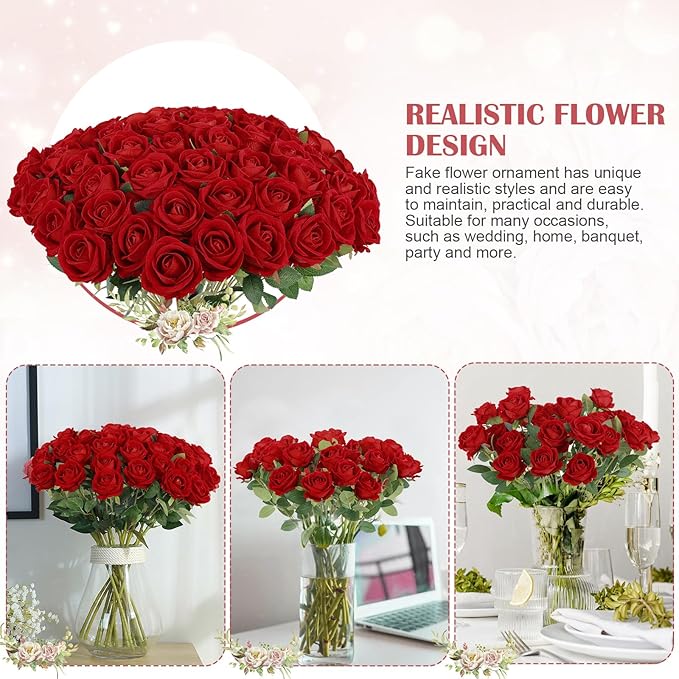Rowfad 60 Pcs Artificial Roses Bulk Velvet Silk Roses Red Rose Flowers for Wedding Centerpieces Bridal Bouquet Mohter's Day Valentine's Day Christmas Home Decor (60, Red)