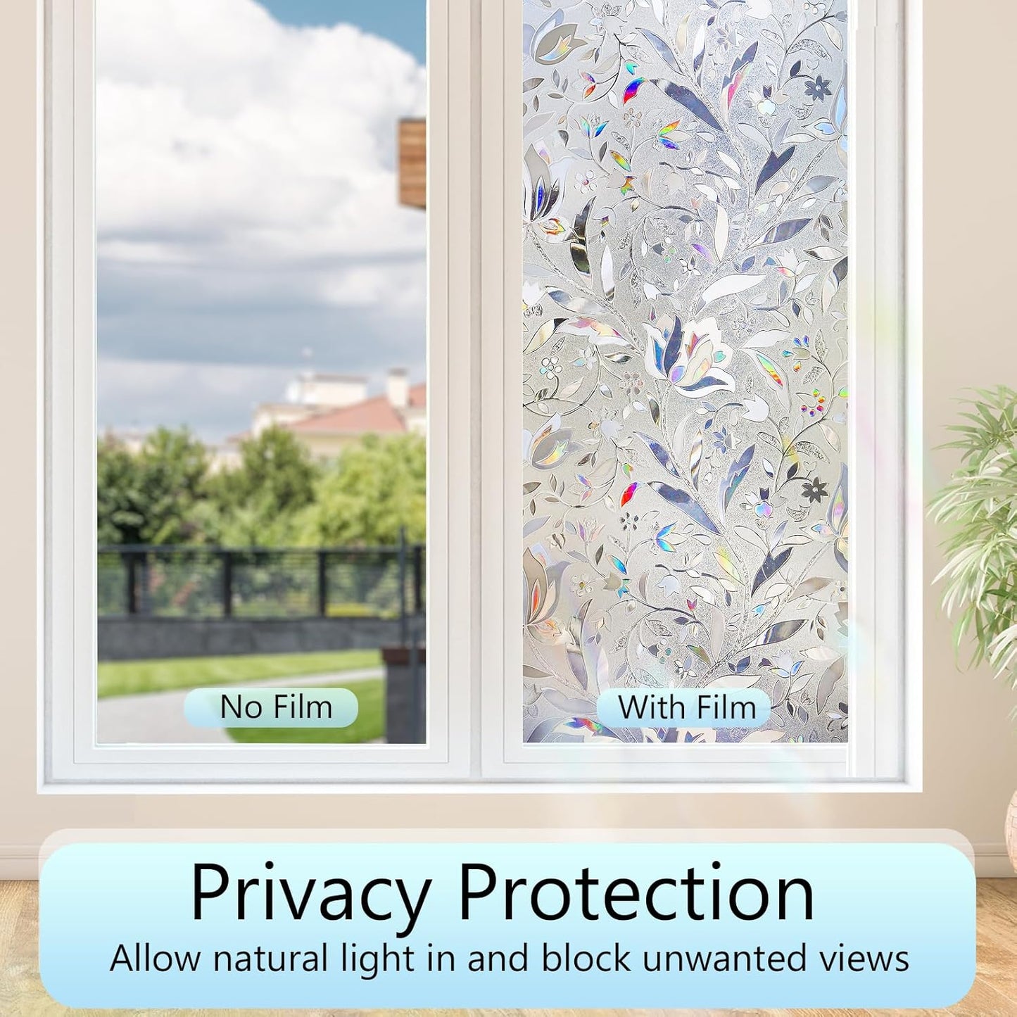 HIDBEA Window Privacy Film, 3D Stained Glass Static Cling - Sun Blocking Anti-UV Heat Control, Reusable Decorative Film for Home/Office Doors, Rainbow Tulip Design (17.5 in x 78.7 in)