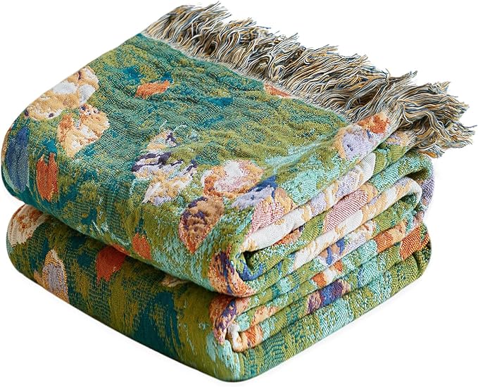 MSGKV Boho Throw Blanket for Couch Cotton Floral Blanket 50"x60" for Sofa Chair Throws Muslin Summer Breathable Lightweight Farmhouse Blankets Home Decor All Seasons