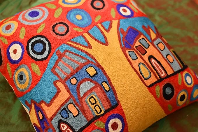 Red Tree of Life Throw Pillow Cover Karla Gerard Floral Tree Pillowcase Flower Chair Cushion Mid Century Couch Pillowsham Red Farmhouse Cushions Hand Embroidered Wool 18x18 Inch