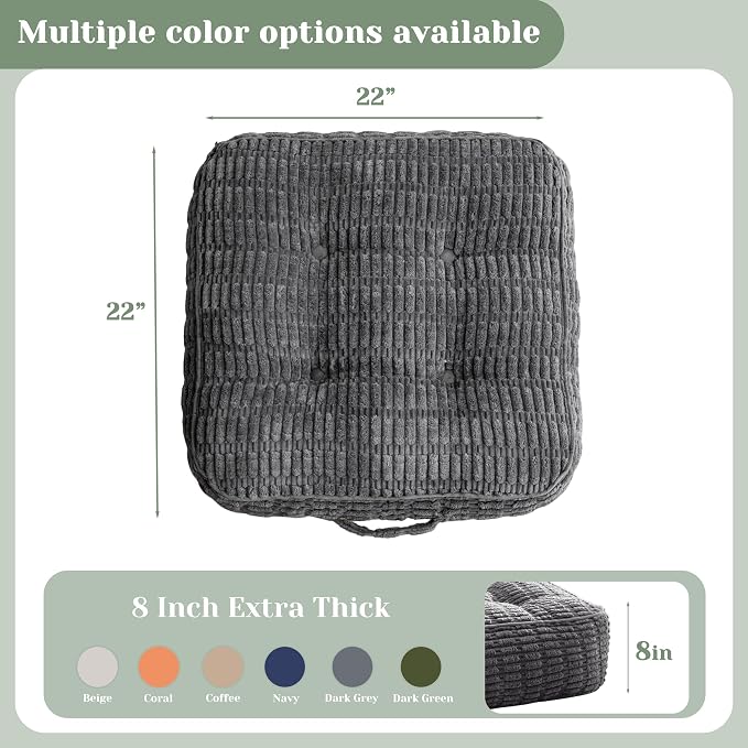 HIGOGOGO 8" Floor Pillow Cushion for Adults, Meditation Cushion Pillow, Blended Corduroy Cover, Large Square Floor Sitting for Tatami Living Room or Yoga, 2Pack, Dark Grey
