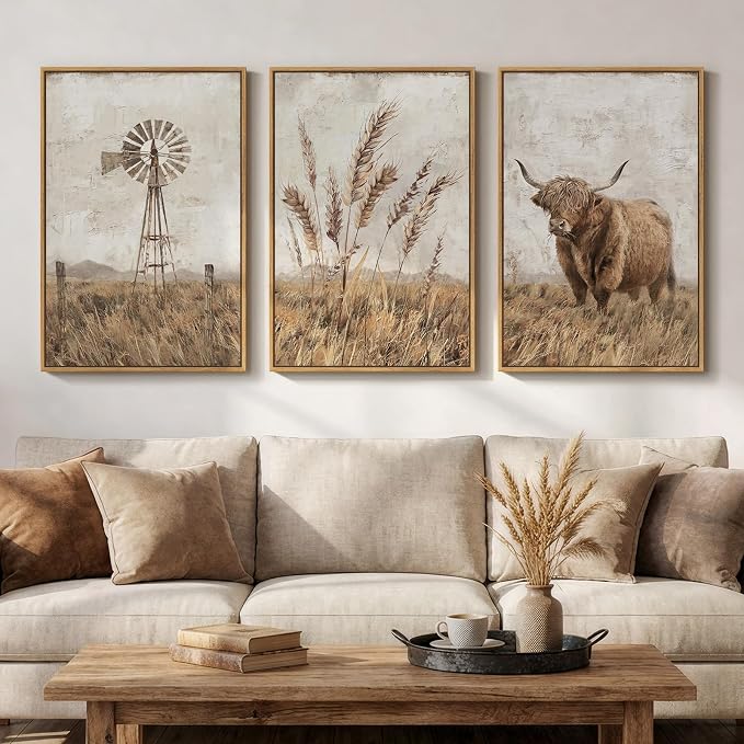 Cuspin Large Neutral Farmhouse Wall Art for Living Room, Vintage Rustic Beige Highland Cow Canvas Prints Set of 3, Retro Country Pictures for Bedroom Dining Room Hallway Wall Decor 20x30 Inch