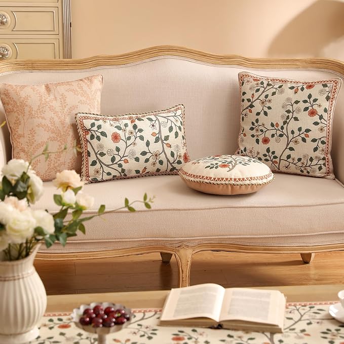 ISAENNE Designer Elegant Linen Throw Pillow Cover,Set of 2,20"x12"-Flora A | French Rectangle Decor Pillow Cover,Concealed Zipper Design,Floral Pattern,Sofa,Bedroom,Living Room,Lounge Chairs