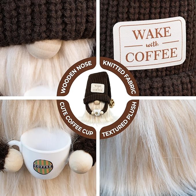 Coffee Gnome - Cute Plush Gnome Holding Cup, Handmade Bar Decor & Accessories, Gift for Coffee Lovers, Swedish Tomte Elf Dwarf for Station, Kitchen, Valentine, Christmas & Home Decorations