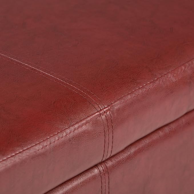 SIMPLIHOME Avalon Storage Ottoman Bench - 48" Wide x 16" High Upholstered Vegan Leather Rectangular Lift-Top Ottoman in Red, Contemporary Storage Bench for Living Room with High-Density Foam
