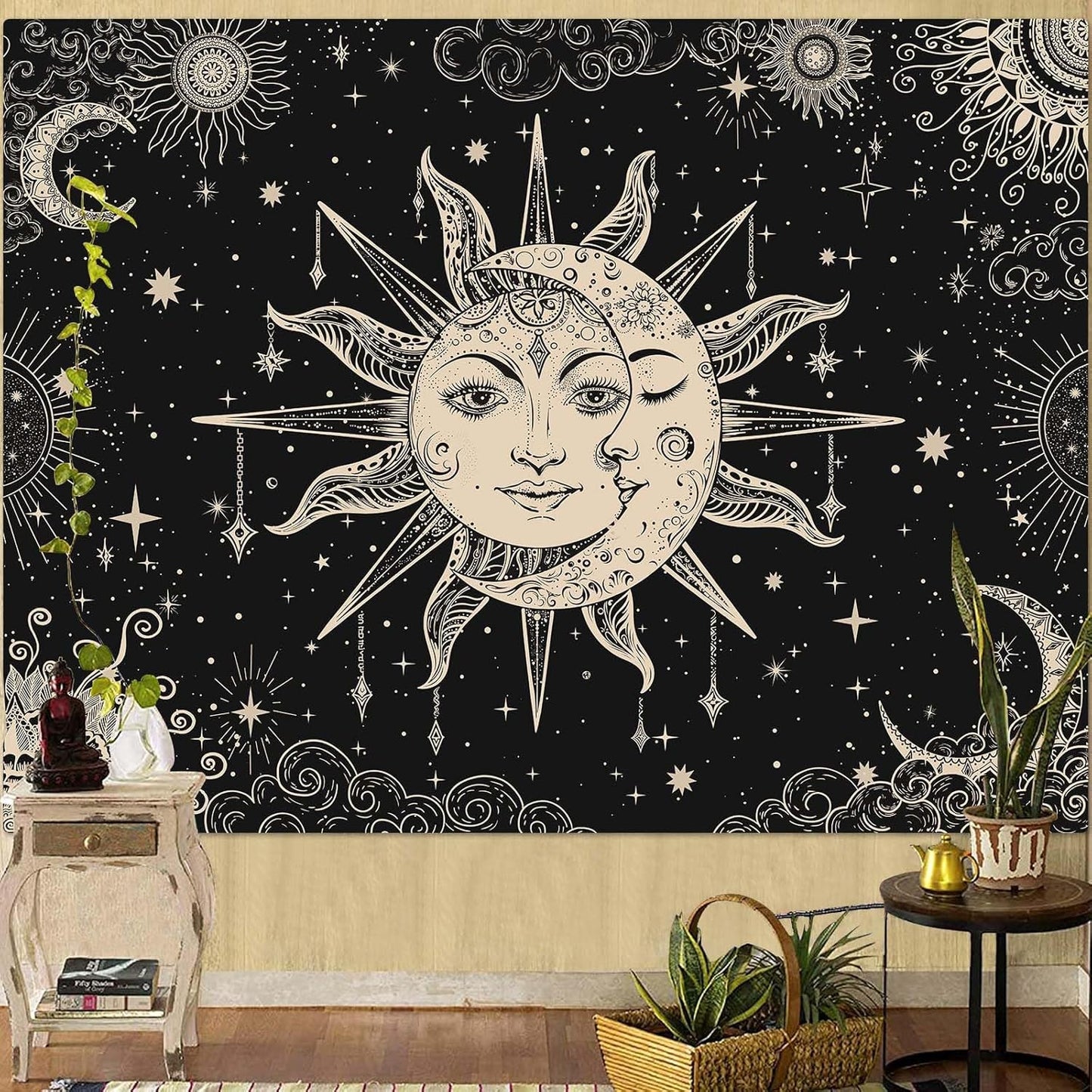 Lunerfex Sun and Moon Tapestry Mandala Wall Tapestry, Vintage Tapestries for Bedroom Ceiling Tapestries Wall Hanging for Bedroom Living Room Decor Sun-2 44"x60"