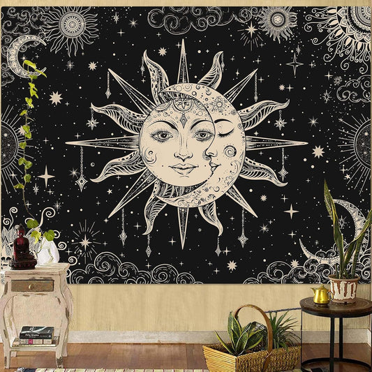 Lunerfex Sun and Moon Tapestry Mandala Wall Tapestry, Vintage Tapestries for Bedroom Ceiling Tapestries Wall Hanging for Bedroom Living Room Decor Sun-2 44"x60"