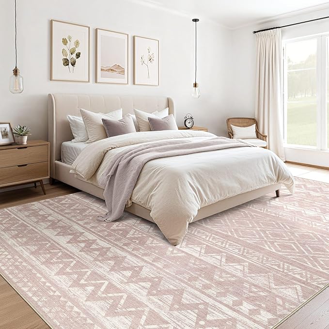 cotiled 6x9 Area Rug Living Room: Washable Boho Rugs with Non Slip Backing Large Soft Indoor Stain Resistant Carpet for Bedroom Farmhouse Dining Room Lightweight Home Decor Lotus Pink