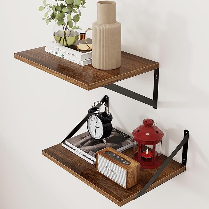 Axeman Deep Floating Shelves - 16 Inch Wide x 12 Inch Deep Walnut Wall Shelves Set of 2 - Rustic Wide Wood Wall Mounted Shelves for Room Decor & Storage