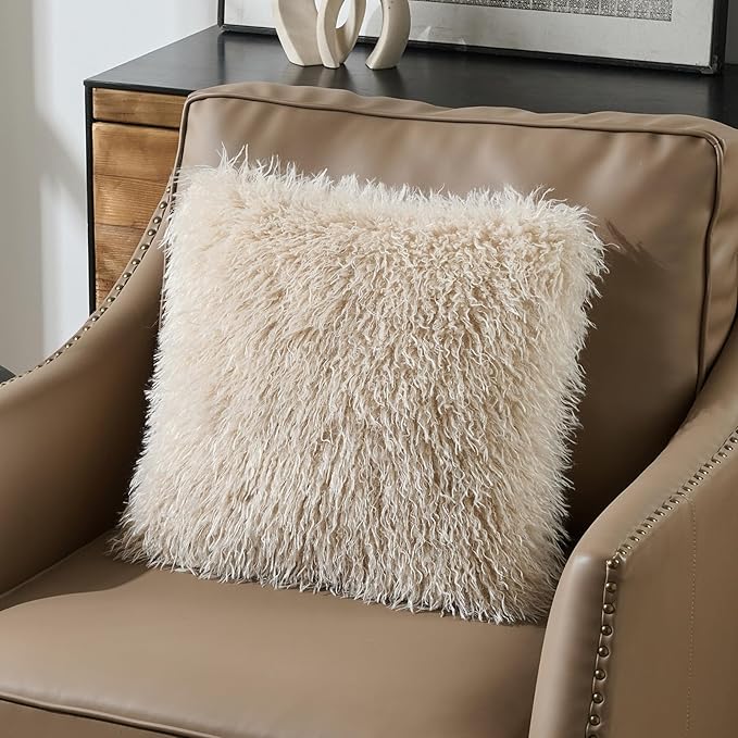 FUTEI Pack of 2 Shaggy Mongolian Faux Wool Throw Pillow Covers 18x18 Inch Soft Decorative Cushion Case for Couch Bed Living Room, Beige