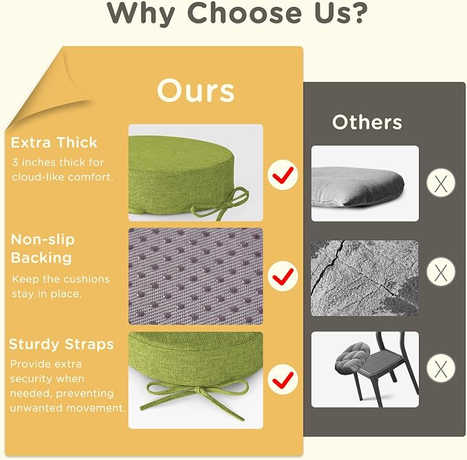 Bar Stool Cushions Round 3" Thick Round Seat Cushions for Chairs 4 Pack Non Slip Bistro Chair Pads with Machine Washable Cover (12 Inch, Green)