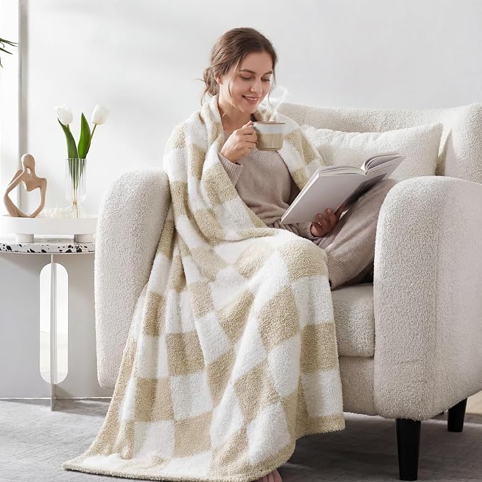 WRENSONGE Soft Twin Size Checkered Blanket for Bed-Cozy Knitted Blankets | Lightweight Fluffy Warm Decor for Women, Mom, Her & Girls, Sofa, Chair, Couch, 60x80in, Beige
