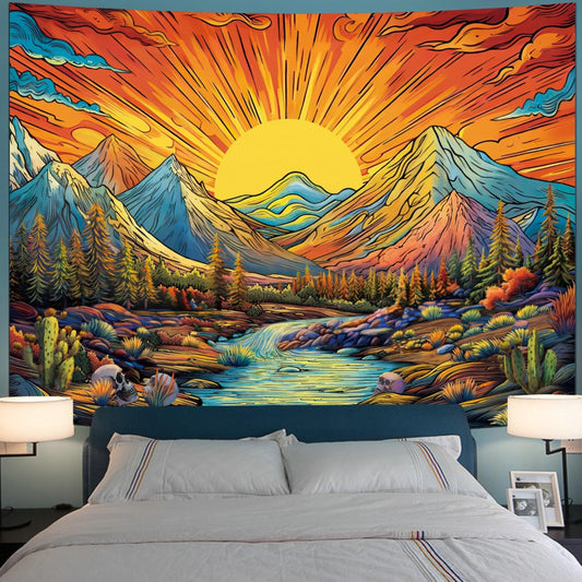 Serborlur Boho Sun Mountain Tapestry Trippy Forest Tree Tapestry Vintage Aesthetic Magic River Tapestries Nature Landscape Wall Hanging for Bedroom Home Decor (70.8" x 92.5")