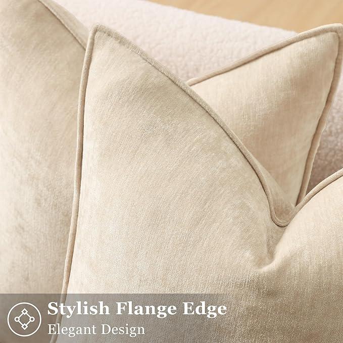 decorUhome Summer Couch Throw Pillow Covers 18x18 Set of 2, Decorative Soft Velvet Modern Cozy Chenille Pillow Cases with Elegant Design for Sofa Bed Living Room Home Decor, Beige