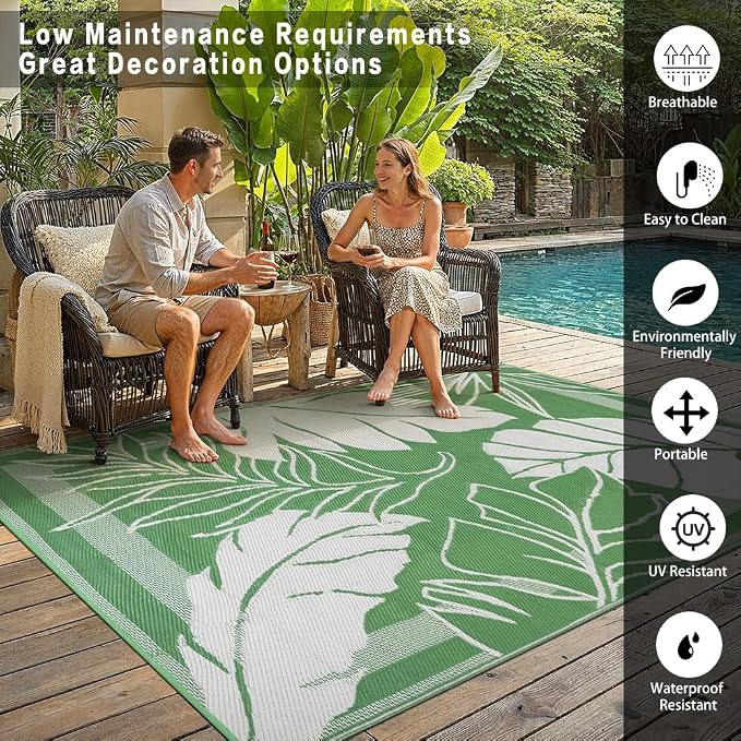 HUGEAR 9'x12' Outdoor Rug Waterproof Plastic Straw Rugs Large Green Reversible Olive Leaf Mat Floor Carpet for Camping RV Deck Entryance Porch Picnic Balcony Beach Backyard