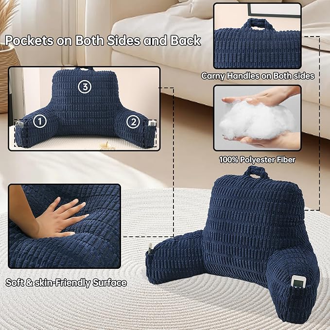 Large Reading Pillow for Sitting Up with Arms,Blue Corduroy | Back Pillow for Adults Backrest,19" Sitting Pillow Supports Reading,Gaming & Relaxing in Bed,Couch,Floor Corners