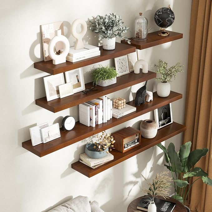 Axeman 24 Inch Floating Shelves for Wall, 9.3" Deep High End Solid Real Wood Wall Shelves with Heavy Duty Invisible Bracket for Living Room, Bedroom, Kitchen, Bathroom, Set of 2, Walnut Finish