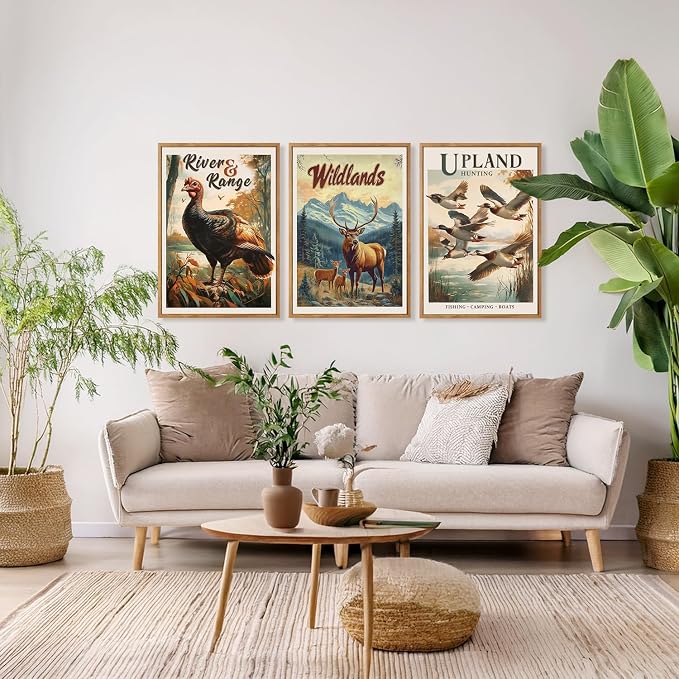 HOURIA 3Pcs Large Retro Hunting Framed Canvas Wall Art Set(16"x24"),Wildlife Deer Elk Mallard Duck Hunting Nursery Decor Rustic Wild Animals Camping Posters For Hunter Room Cabin Decor Living Room Bedroom