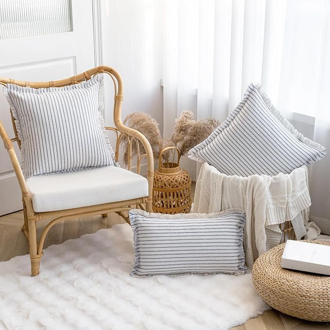 YEENAASY Throw Pillow Covers 22x22 Set of 2 Striped Fringe Pillow Cover Farmhouse Cushion Covers with Tassel Neutral Boho Pillows Decorative Square Pillowcase for Couch Sofa Bed, Blue