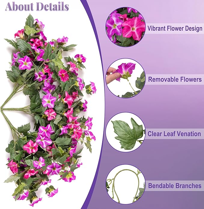Ammyoo Artificial Hanging Fake Flowers with Basket Plants for Outdoor Decoration, Faux Silk Flower UV Resistant Morning Glory for Home Porch Patio Garden Balcony Yard Look Real (Fuchsia Lotus)