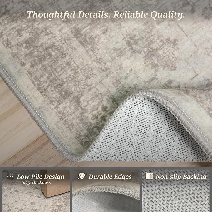Greige 9x12 Washable Area Rug for Living Room, Distressed Granite-Inspired Geometric Carpet for Dining Room & Bedroom, Soft Low Pile Non-Slip Rug for Organic Modern Homes