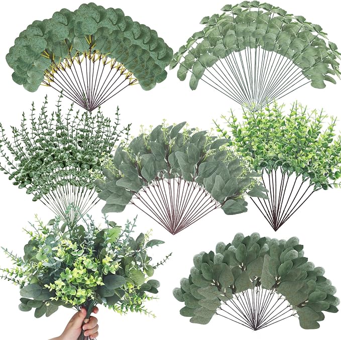 500 Pcs 6 Kinds Mixed Eucalyptus Leaves Stems Bulk Artificial Greenery Plants Fake Silver Dollar Eucalyptus Bundle Faux Plants Greenery for DIY Bouquets Floral Arrangement Wedding Engagement Decor