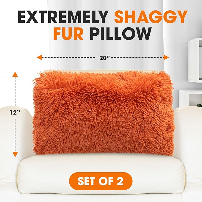 Cheer Collection Fall Decorative Throw Pillows for Couch – Set of 2 Shaggy Fall Pillows for Couch, Cozy Fall Couch Pillows for Living Room or Bed, Soft Accent Pillows, 12" x 20" - Rust Orange