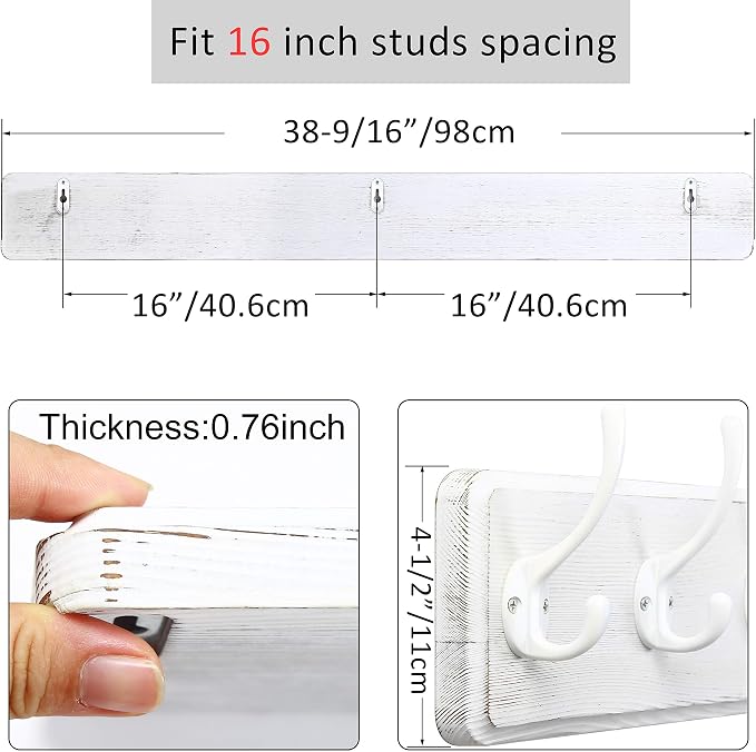 WEBI Coat Rack Wall Mount,10 Hooks,38 9/16" Long Coat Hooks Wall Mounted Large,16" Hole to Hole,Wood Coat Hanger Wall,Hooks for Hanging Coats,Jacket,Clothes,Hats,White,2 Packs