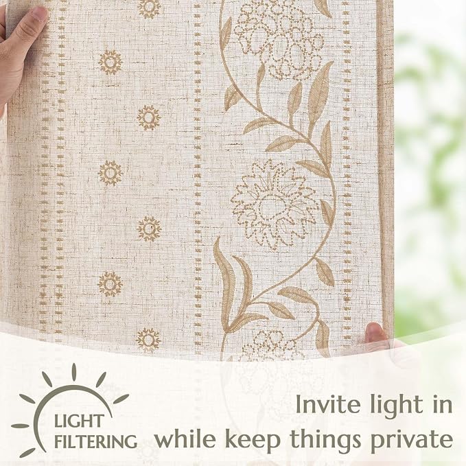 jinchan Winslow Linen Curtains for Bedroom 72 Inches Length Embroidered Bordered Floral Curtains for Living Room Farmhouse Decor Light Filtering Window Treatments Ivory on Beige Drapes 2 Panels
