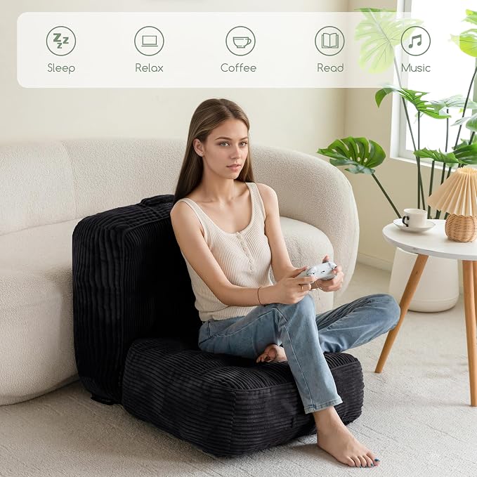 HIGOGOGO 8" Extra Thick Floor Pillow Cushion for Adults, Meditation Cushion Pillow, Large Square Floor Sitting, Tufted Corduroy Cover, for Tatami Living Room or Yoga, 22x22 Inch, 2Pack, Black