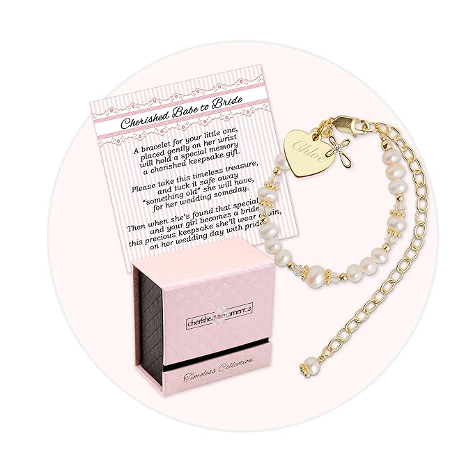 Cherished Moments 14K Gold-Plated Custom Cherished Babe to Bride Cross Bracelet Gift for Infant Baby Baptism or Christening with Cultured Pearls and Engraved Heart