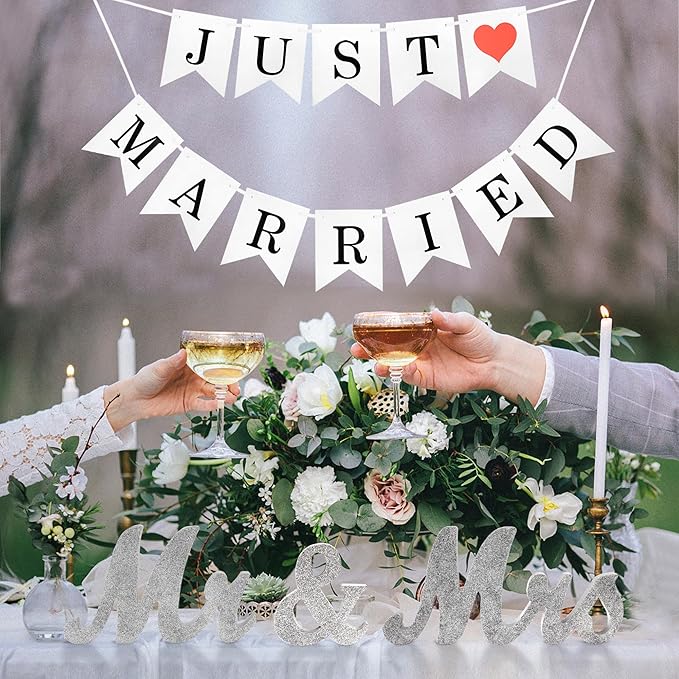 Mr Mrs Sign for Wedding Table, Mr and Mrs Wooden Letters, Mister & Miss Wedding Decoration Items, Head Table Wood Letter, Anniversary Party Valentine's Day Vintage Decor (Silver W/banner)