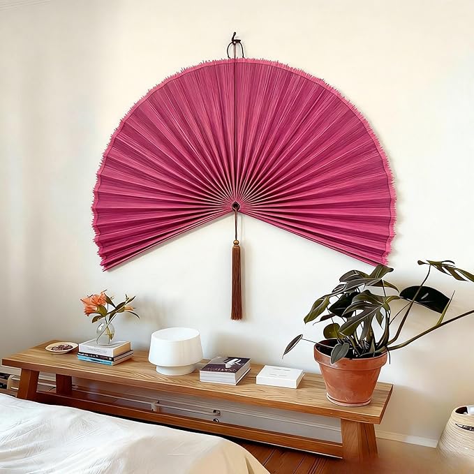 ChumDecor Fan Wall Decor,Large Bamboo Fan Wall Art For Boho Hanging Headboard,Decorative Folding Fan For Over Bed Decorations, (Pink, 40inch)