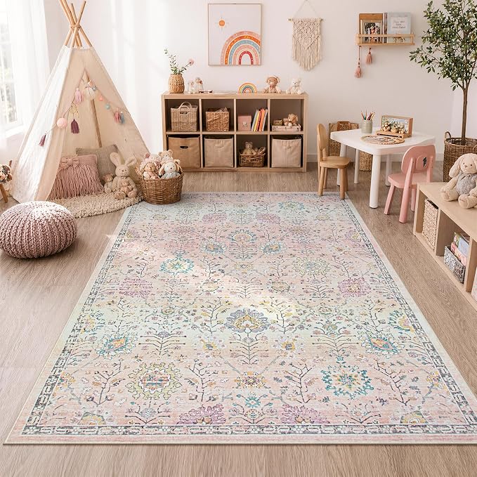 Lahome Girls Bedroom Pink Rug 6x9, Soft Washable Floral Area Rug, Non Slip Light Pink Carpet for Dorm Room, Playroom, Kids Room, Nursery and Classroom Decor