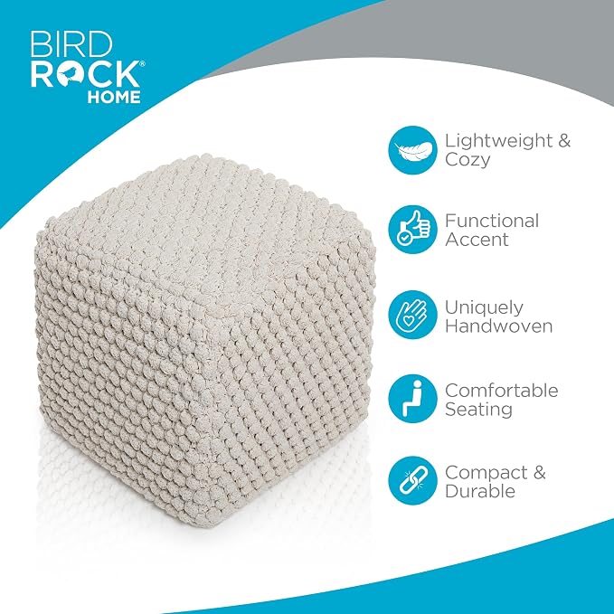 BIRDROCK HOME Square Pouf Ottoman Foot Rest - 18” Compact Comfortable Soft Cotton Knit Bean Bag Floor - Chair Foot Stool Seat for Living Room, Bedroom, or Kids Room (Natural Bud)