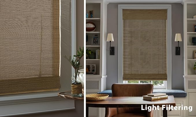 LazBlinds No Tools No Drill Cordless Bamboo Roman Shades, Light Filtering Window Treatment, Roll Up Bamboo Blinds for Windows 48'' W x 64'' H, Acorn