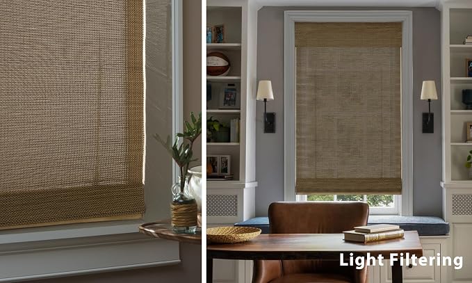 LazBlinds No Tools No Drill Cordless Bamboo Roman Shades, Light Filtering Window Treatment, Roll Up Bamboo Blinds for Windows 34'' W x 64'' H, Acorn