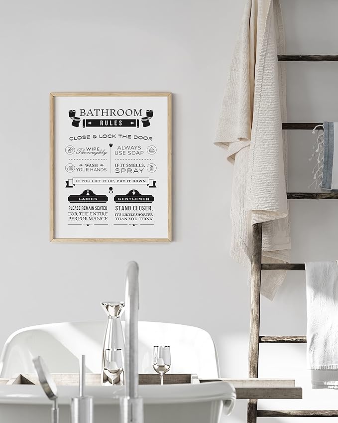 HAUS AND HUES Funny Bathroom Decor & Signs | Toilet Rules Wall Art, Beige Framed Guest Bathroom Humor Poster | 12"x16"